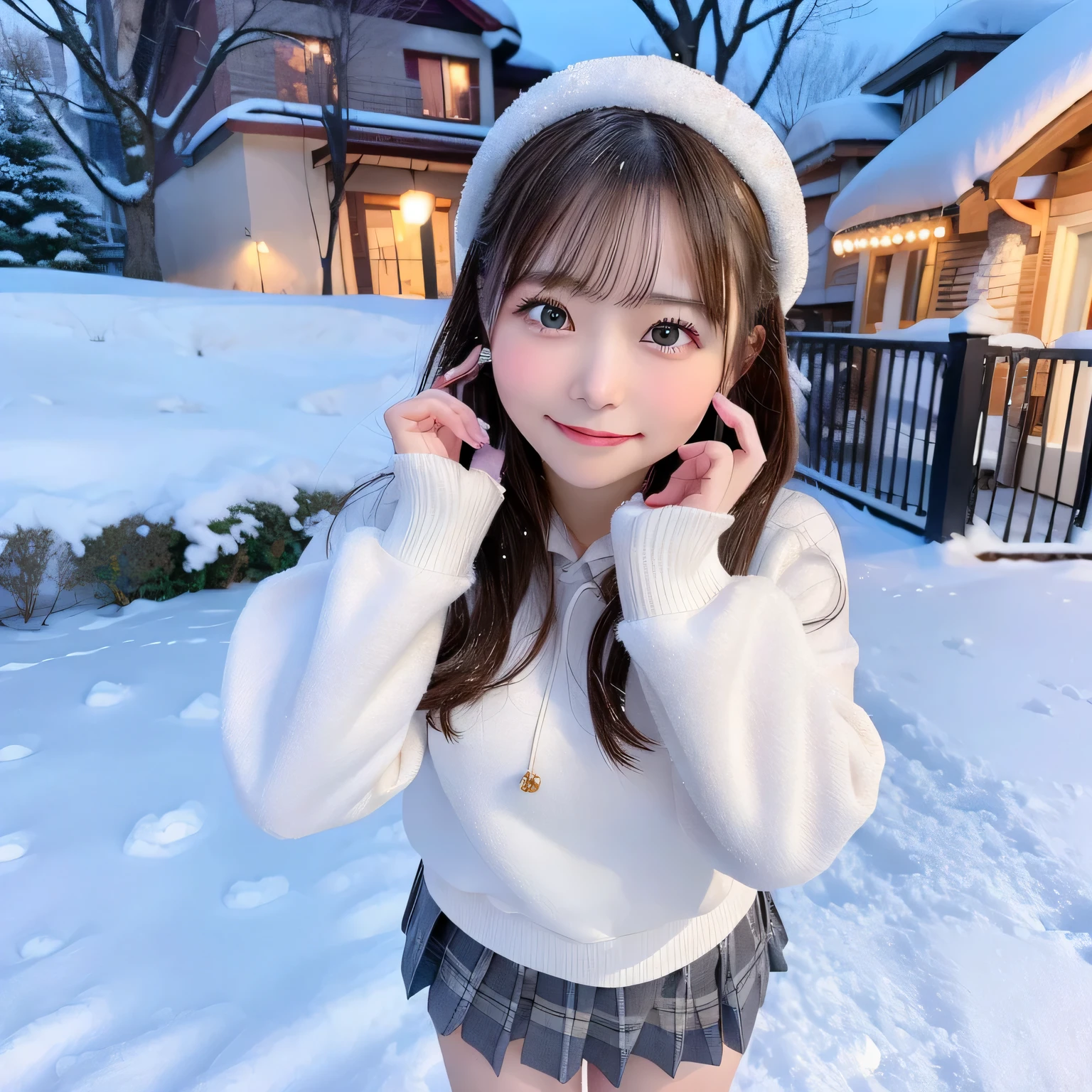 masutepiece, Best Quality,, Ultra-detailed, finely detail, hight resolution,girl in pleated miniskirt, 校服、Pink ribbon、Big breasts、Gray hoodie、Mofumofu、Snowy landscape, Winter wonderland, Cute and innocent look, rosy cheeks, Sparkling eyes, warm winter clothes, Poses in motion, footsteps in the snow, Falling snowflakes, Frosty tree, Snowy ground, soft snow texture, gentle and delicate lighting, Pastel color palette, dreamy ambiance, quirky and magical, hight resolutionの傑作:1.2, Ultra-detailed, Realistic:1.37, Vivid colors, Bokeh.、Playing in the snow、Laugh innocently、Poses in motion、Hair that flutters in the wind、Shot from directly below、nogizaka、Beautiful black eyes:1.３、17-year-old schoolgirl