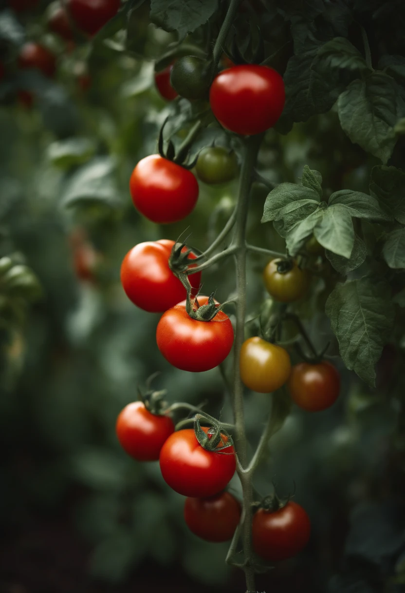 a high-resolution shot of a tomato plant in a garden, with vibrant red tomatoes hanging from the vines, evoking the beauty of nature’s harvest