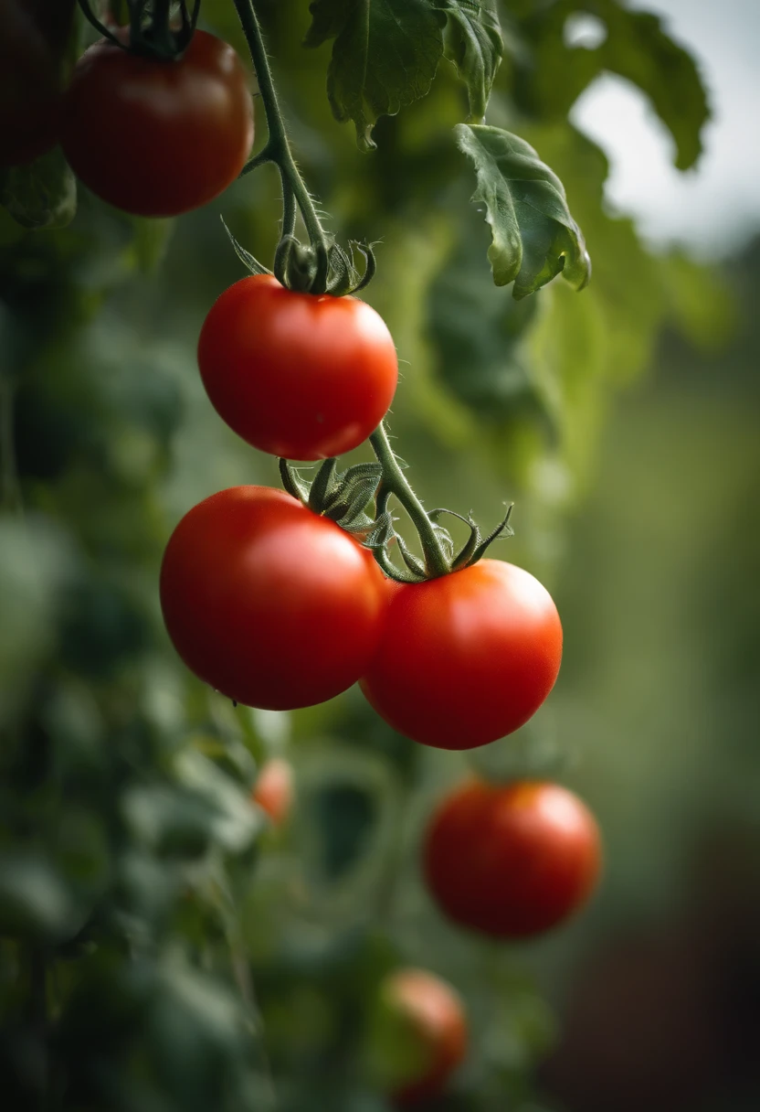 a high-resolution shot of a tomato plant in a garden, with vibrant red tomatoes hanging from the vines, evoking the beauty of nature’s harvest