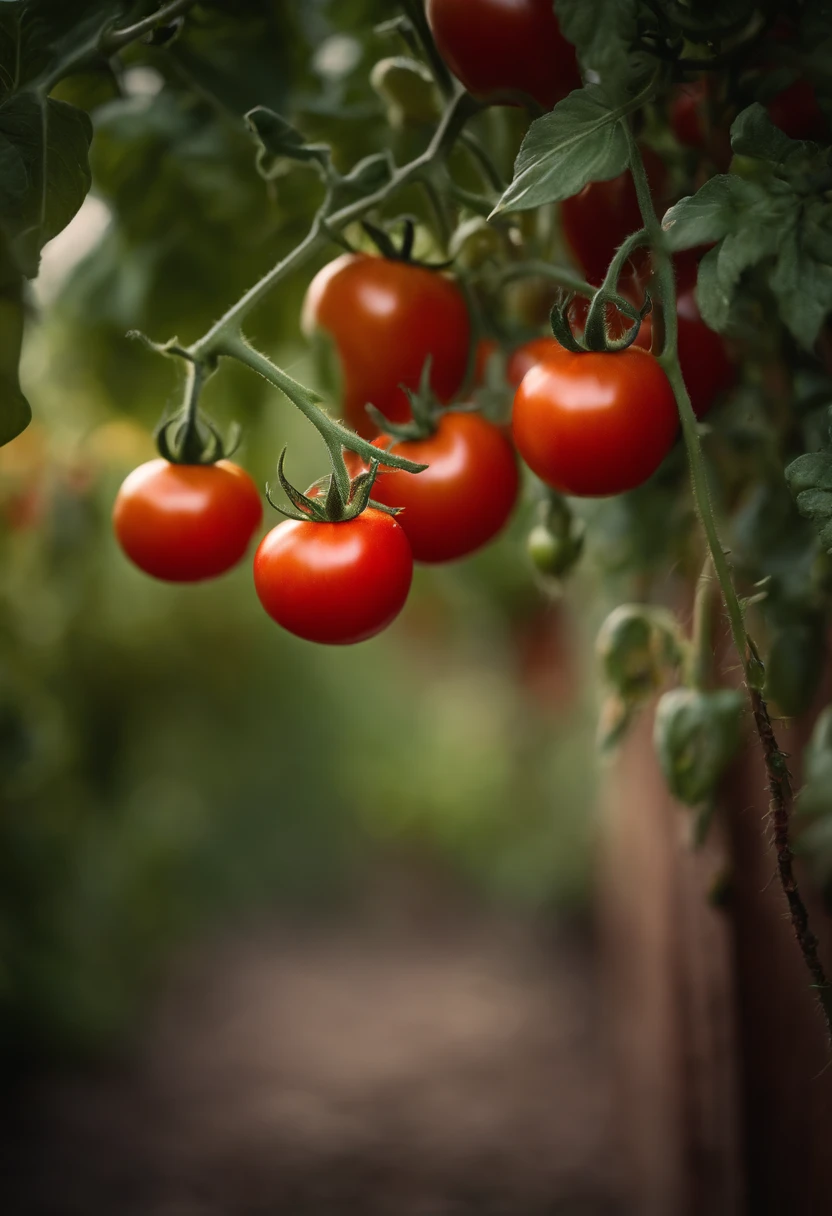a high-resolution shot of a tomato plant in a garden, with vibrant red tomatoes hanging from the vines, evoking the beauty of nature’s harvest