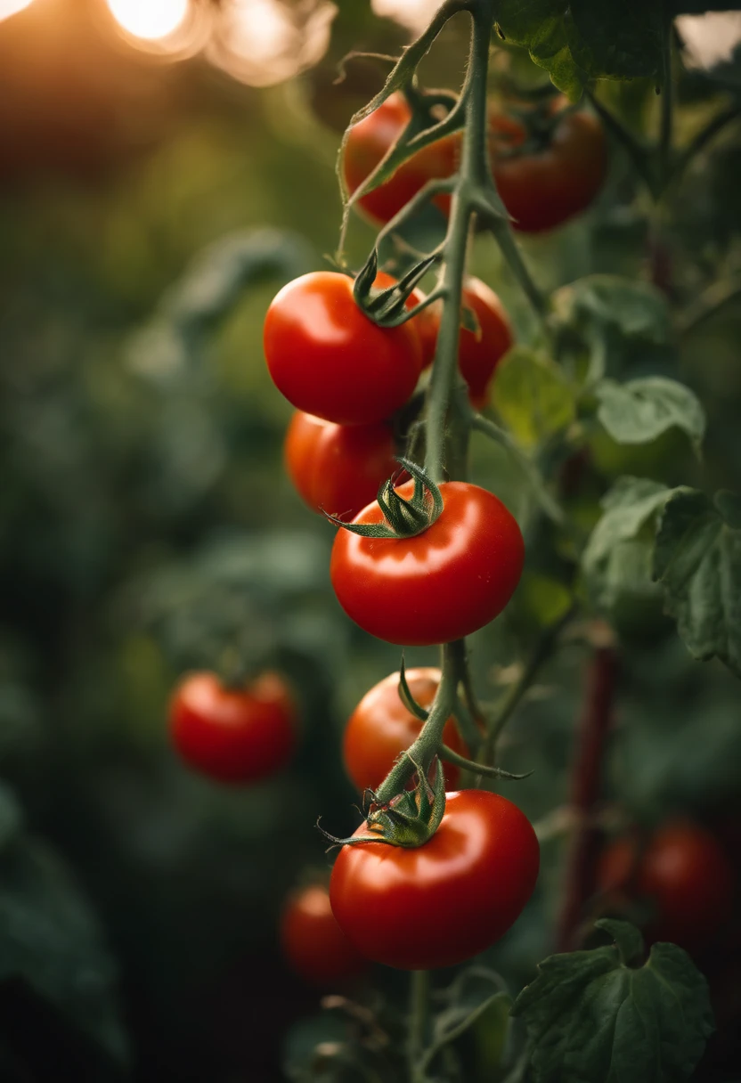 a high-resolution shot of a tomato plant in a garden, with vibrant red tomatoes hanging from the vines, evoking the beauty of nature’s harvest