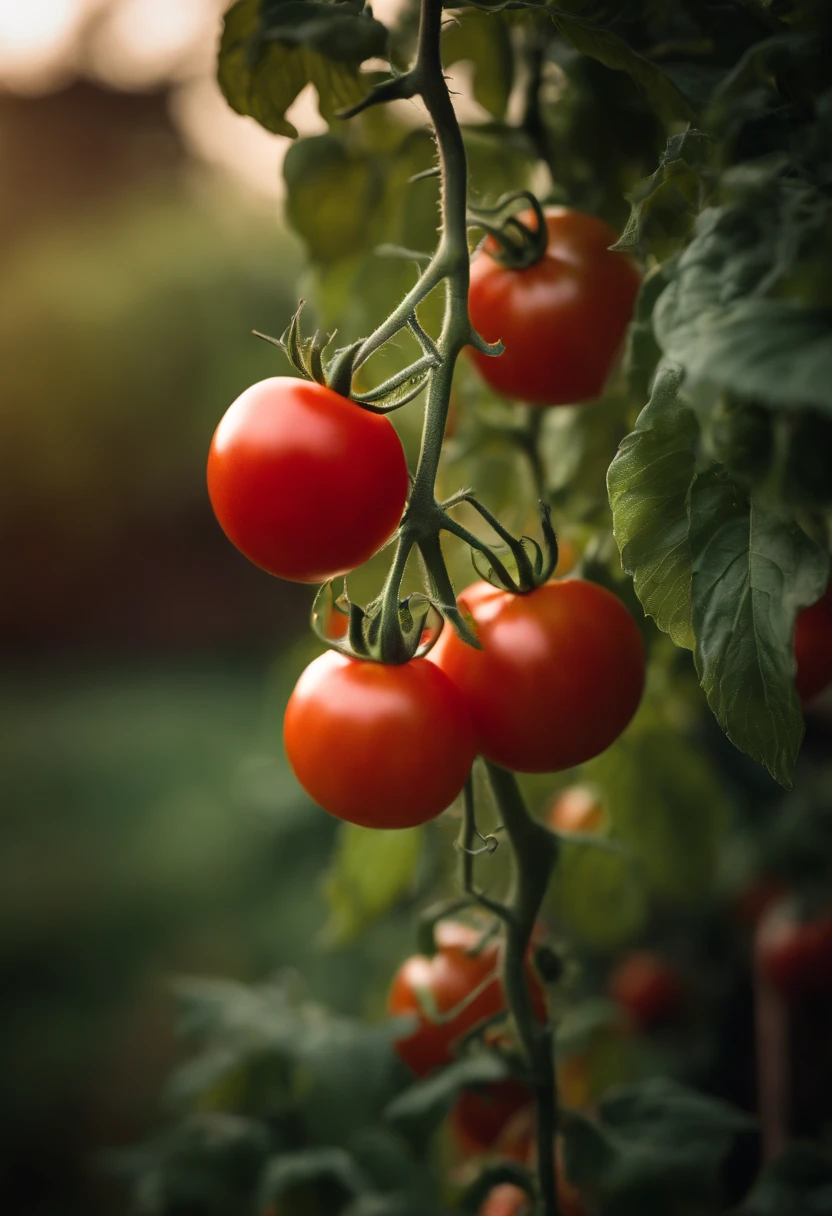a high-resolution shot of a tomato plant in a garden, with vibrant red tomatoes hanging from the vines, evoking the beauty of nature’s harvest