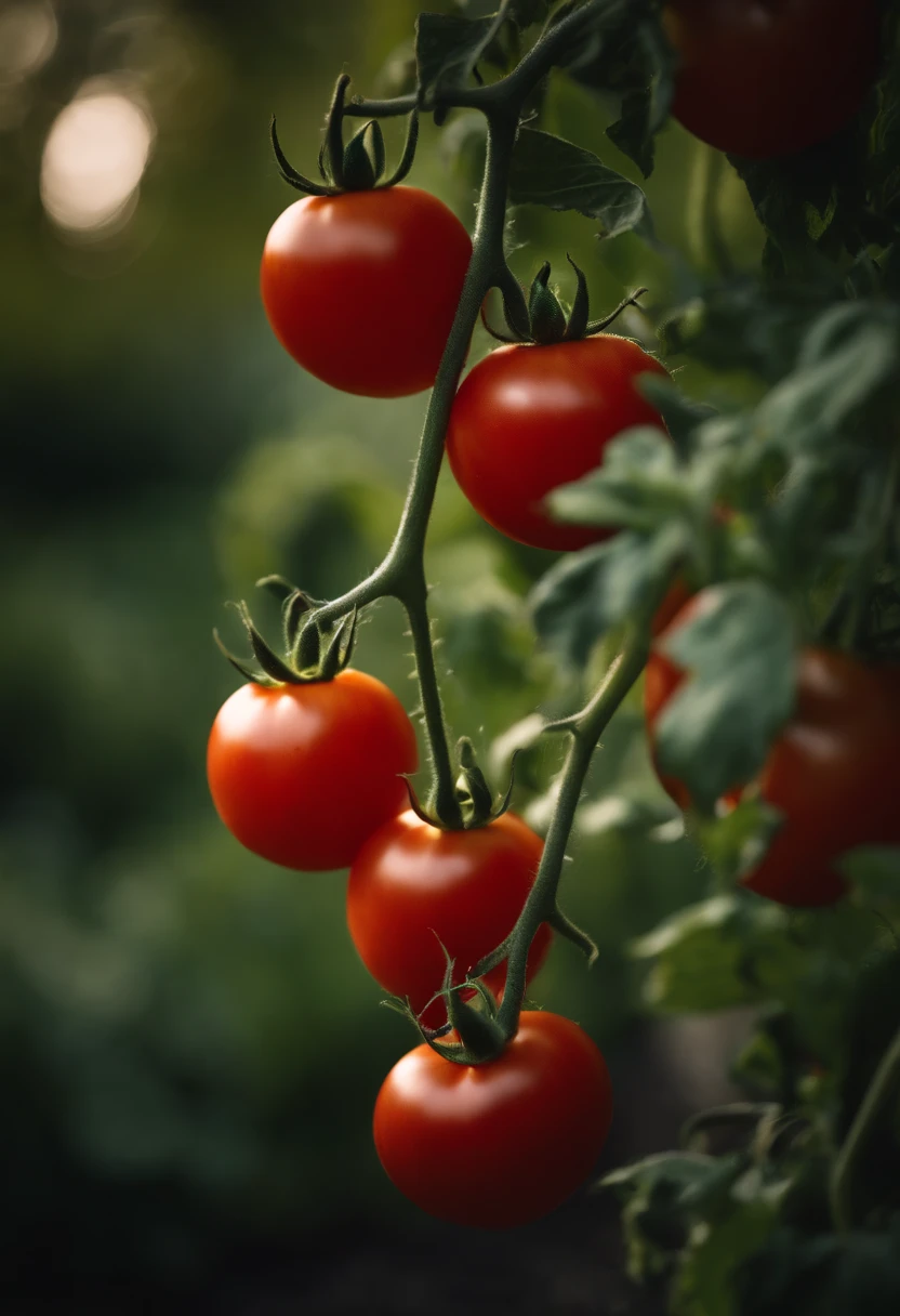 a high-resolution shot of a tomato plant in a garden, with vibrant red tomatoes hanging from the vines, evoking the beauty of nature’s harvest