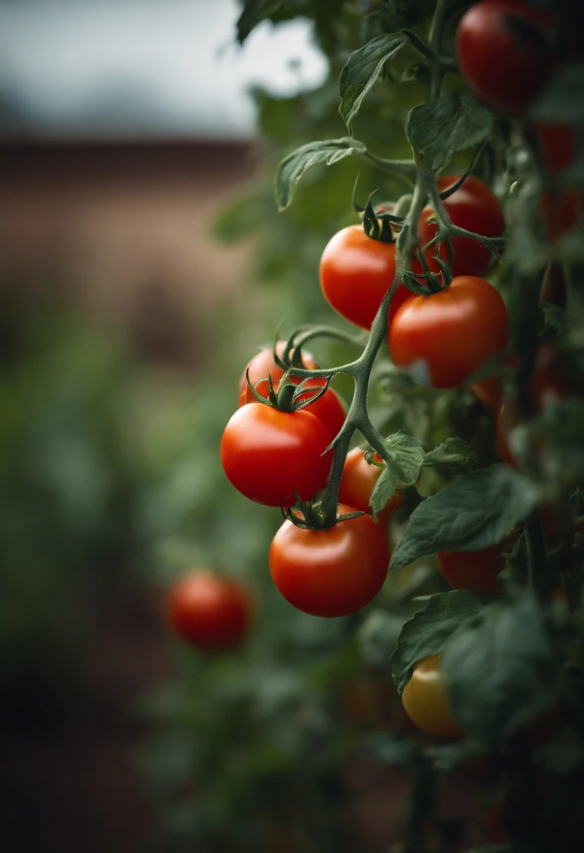 a high-resolution shot of a tomato plant in a garden, with vibrant red tomatoes hanging from the vines, evoking the beauty of nature’s harvest