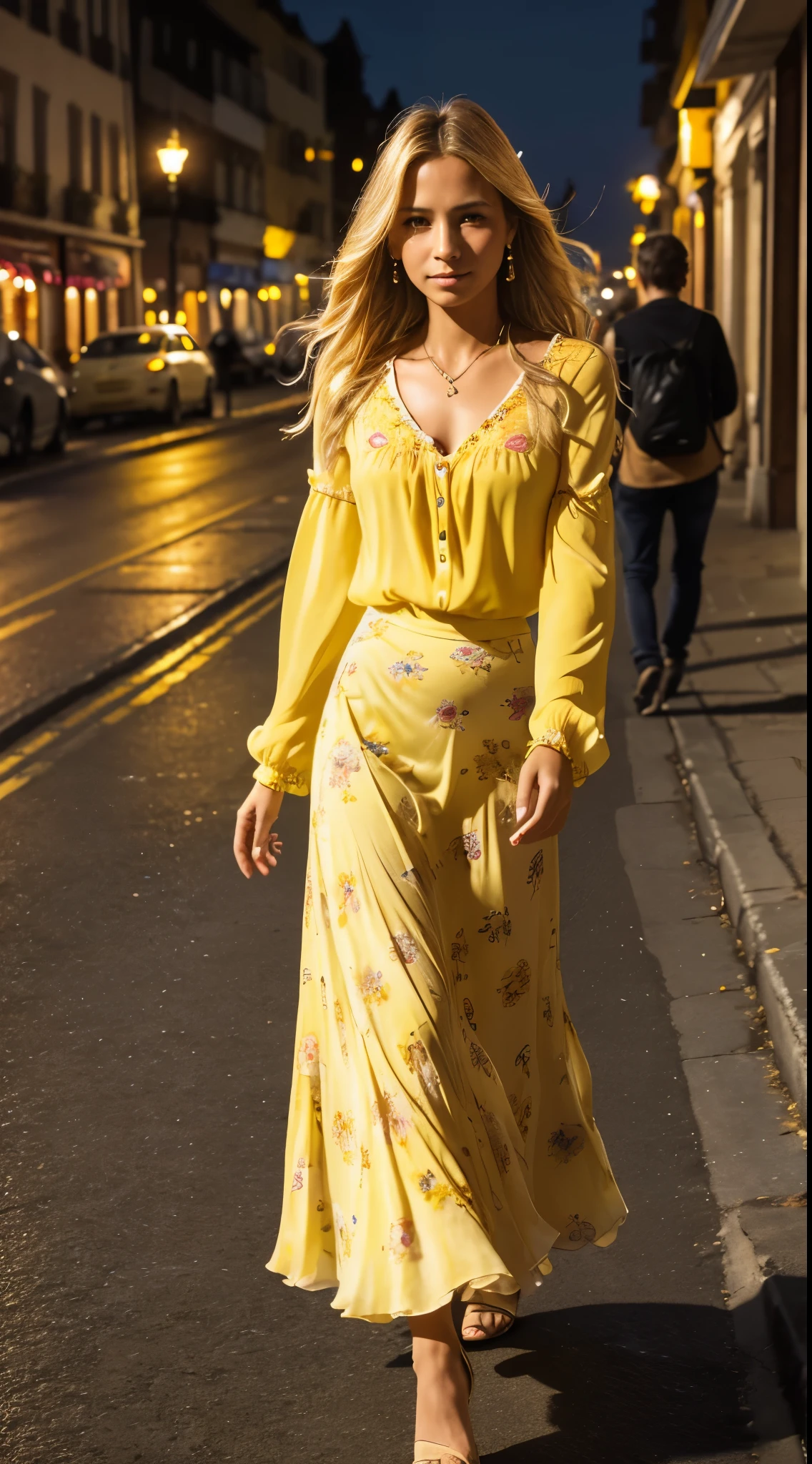 Foto hiperrealista en primer plano de Adriana Lima, masterpiece, best quality, (photorealistic:1.4), full body,  (yellow Casual Boho Floral Blouse Shirts V Neck Long Puff Sleeve Lightweight Chiffon:1.2), (yellow fall maxi maxi skirt:1.1), heels, woking on the old European street, during the night, night cinematic light, beautiful woman, photo oh whole person, skinny, medium breasts, black short hair (bob short hair:1.2), detailed face, smile, facing the camera, photo taken from a distance, age of 16 years old