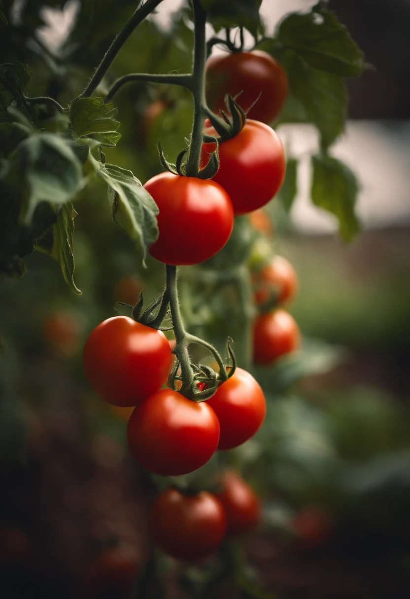 a high-resolution shot of a tomato plant in a garden, with vibrant red tomatoes hanging from the vines, evoking the beauty of nature’s harvest