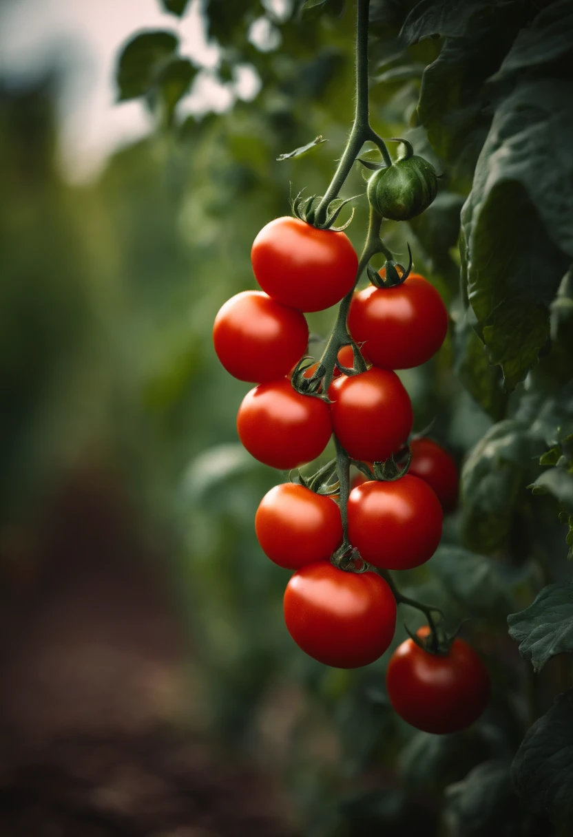 a high-resolution shot of a tomato plant in a garden, with vibrant red tomatoes hanging from the vines, evoking the beauty of nature’s harvest
