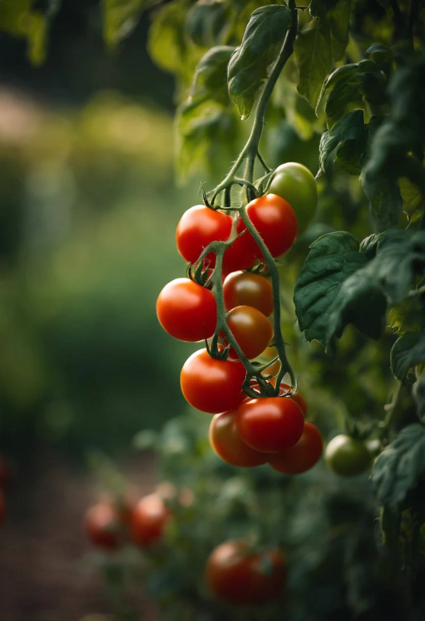 a high-resolution shot of a tomato plant in a garden, with vibrant red tomatoes hanging from the vines, evoking the beauty of nature’s harvest