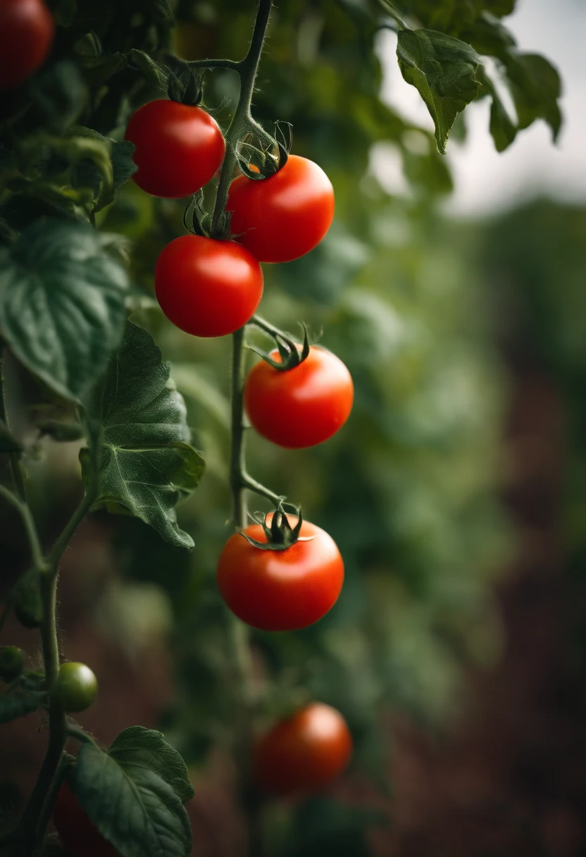 a high-resolution shot of a tomato plant in a garden, with vibrant red tomatoes hanging from the vines, evoking the beauty of nature’s harvest
