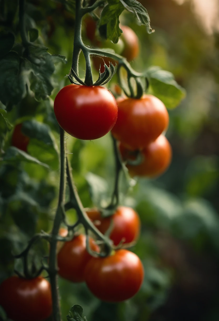 a high-resolution shot of a tomato plant in a garden, with vibrant red tomatoes hanging from the vines, evoking the beauty of nature’s harvest
