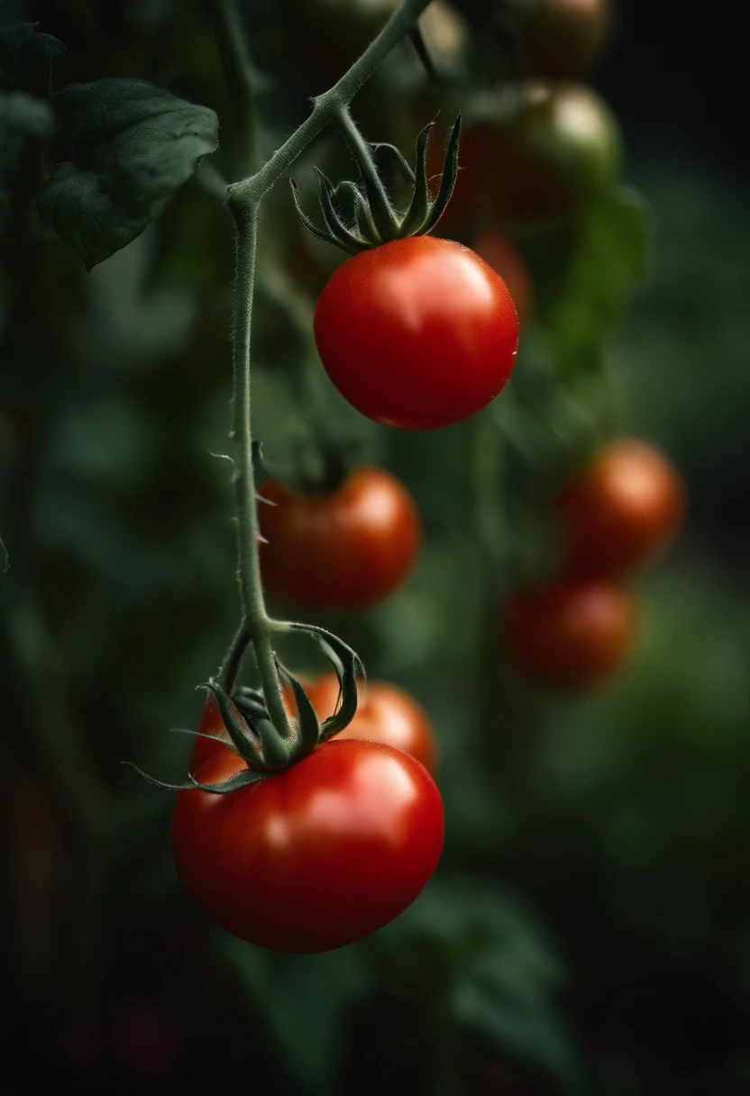 a high-resolution shot of a tomato plant in a garden, with vibrant red tomatoes hanging from the vines, evoking the beauty of nature’s harvest