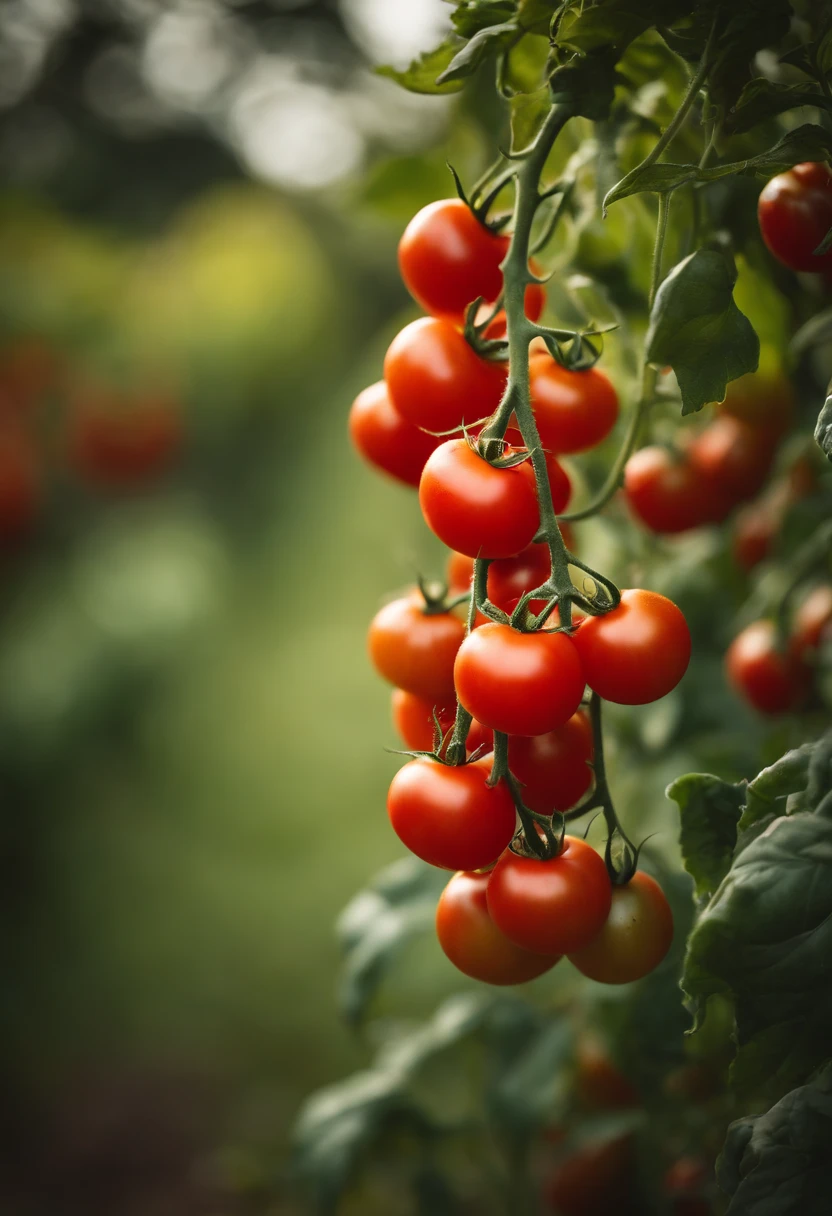 a high-resolution shot of a tomato plant in a garden, with vibrant red tomatoes hanging from the vines, evoking the beauty of nature’s harvest