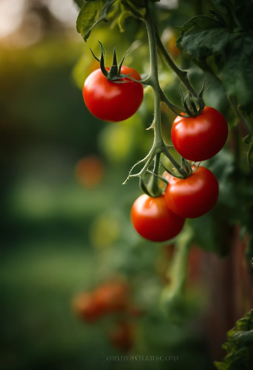 a high-resolution shot of a tomato plant in a garden, with vibrant red tomatoes hanging from the vines, evoking the beauty of nature’s harvest