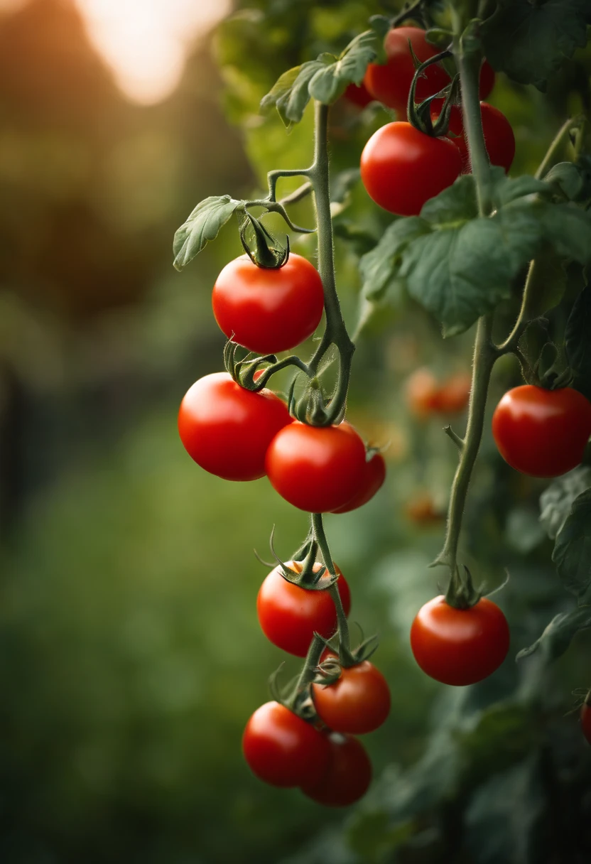 a high-resolution shot of a tomato plant in a garden, with vibrant red tomatoes hanging from the vines, evoking the beauty of nature’s harvest