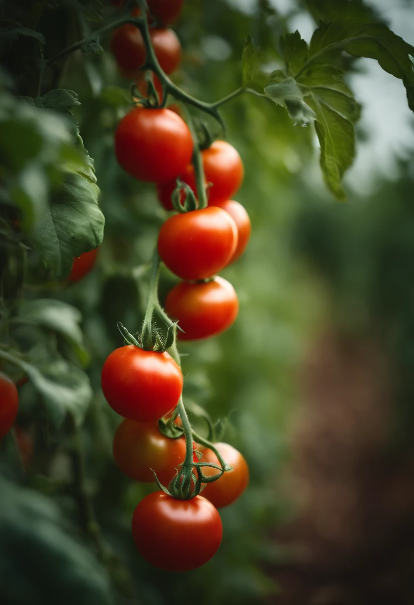 a high-resolution shot of a tomato plant in a garden, with vibrant red tomatoes hanging from the vines, evoking the beauty of nature’s harvest