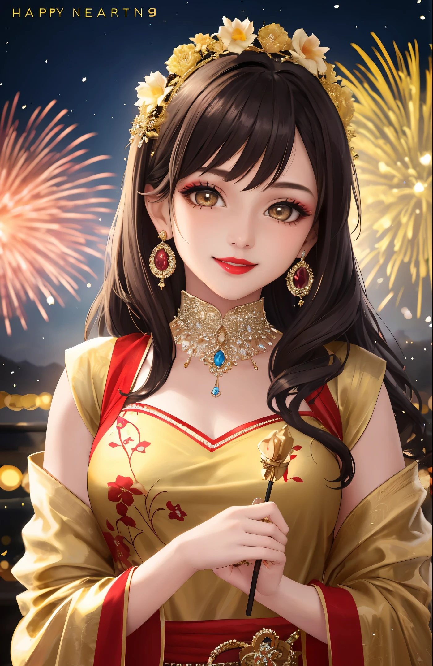Best Quality, Masterpiece, Ultra HD, Ultra High Resolution, Ultra High Resolution, 16K Full HD New Year Poster, New Year Theme, 1 girl with saffron hair ornaments, earrings, red lips, beautiful face with delicate makeup, the girl even more beautiful, the girl is wearing a gorgeous costume with delicate and beautiful patterns on the costume, and colorful fireworks are blooming behind the girl, and the girl is looking at the camera with a happy smile