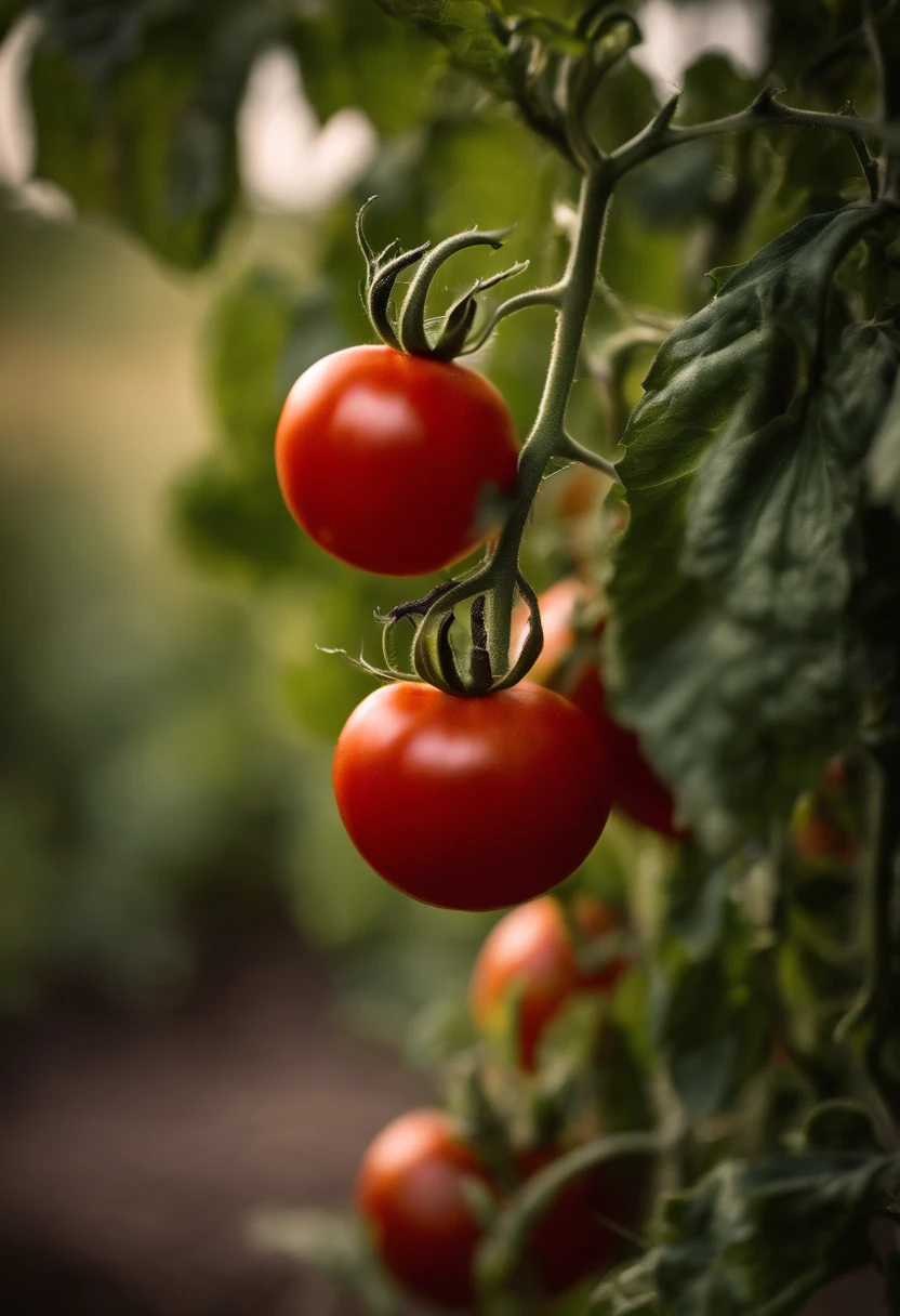 a high-resolution shot of a tomato plant in a garden, with vibrant red tomatoes hanging from the vines, evoking the beauty of nature’s harvest