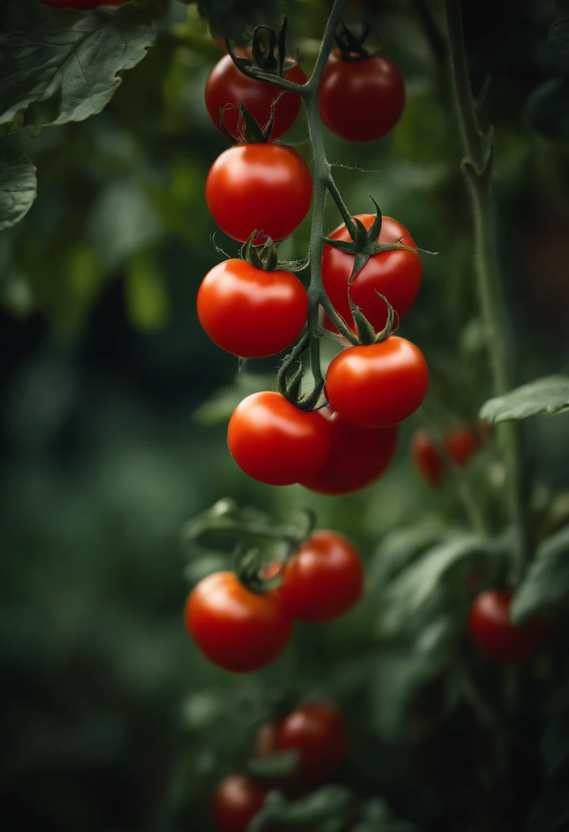 a high-resolution shot of a tomato plant in a garden, with vibrant red tomatoes hanging from the vines, evoking the beauty of nature’s harvest
