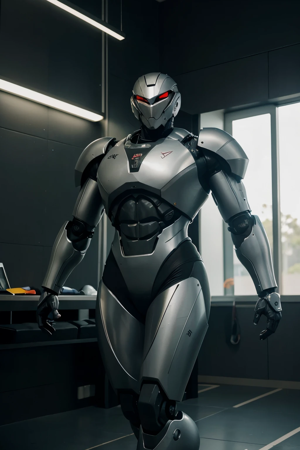 gerar uma imagem de um cybor, or a strong robot with a muscular body, treinando em academia, sendo um personagem homem e outro mulher