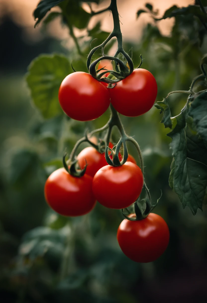 a high-resolution shot of a tomato plant in a garden, with vibrant red tomatoes hanging from the vines, evoking the beauty of nature’s harvest