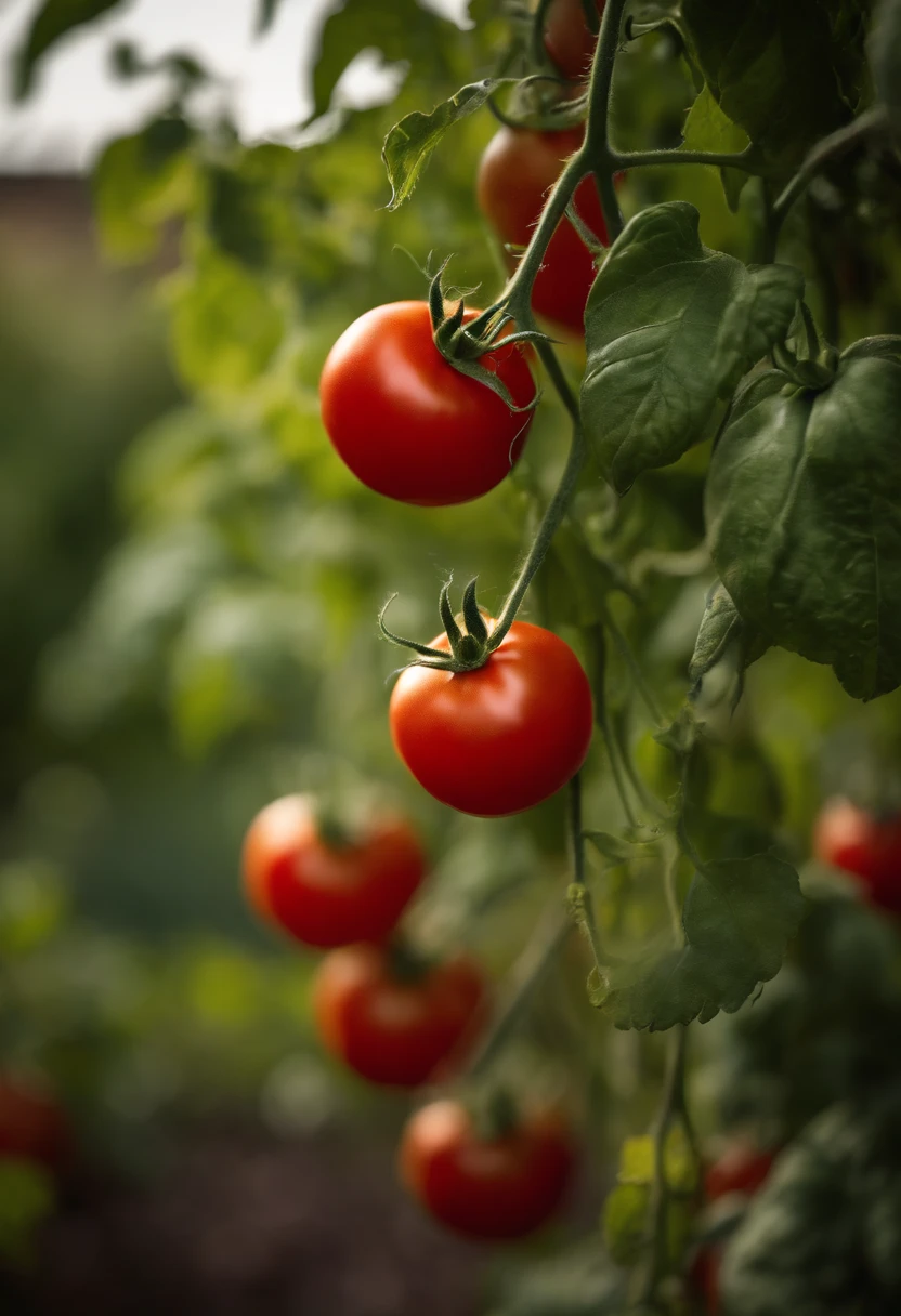 a high-resolution shot of a tomato plant in a garden, with vibrant red tomatoes hanging from the vines, evoking the beauty of nature’s harvest