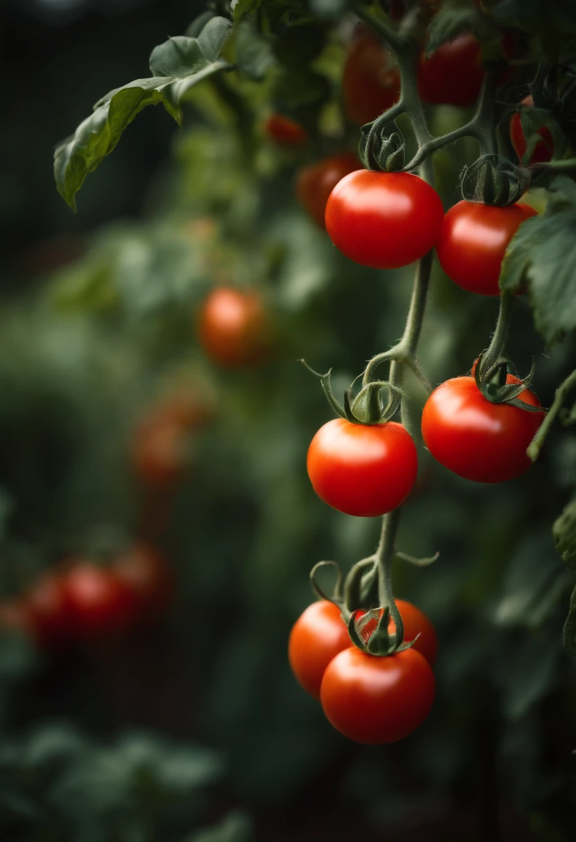 a high-resolution shot of a tomato plant in a garden, with vibrant red tomatoes hanging from the vines, evoking the beauty of nature’s harvest