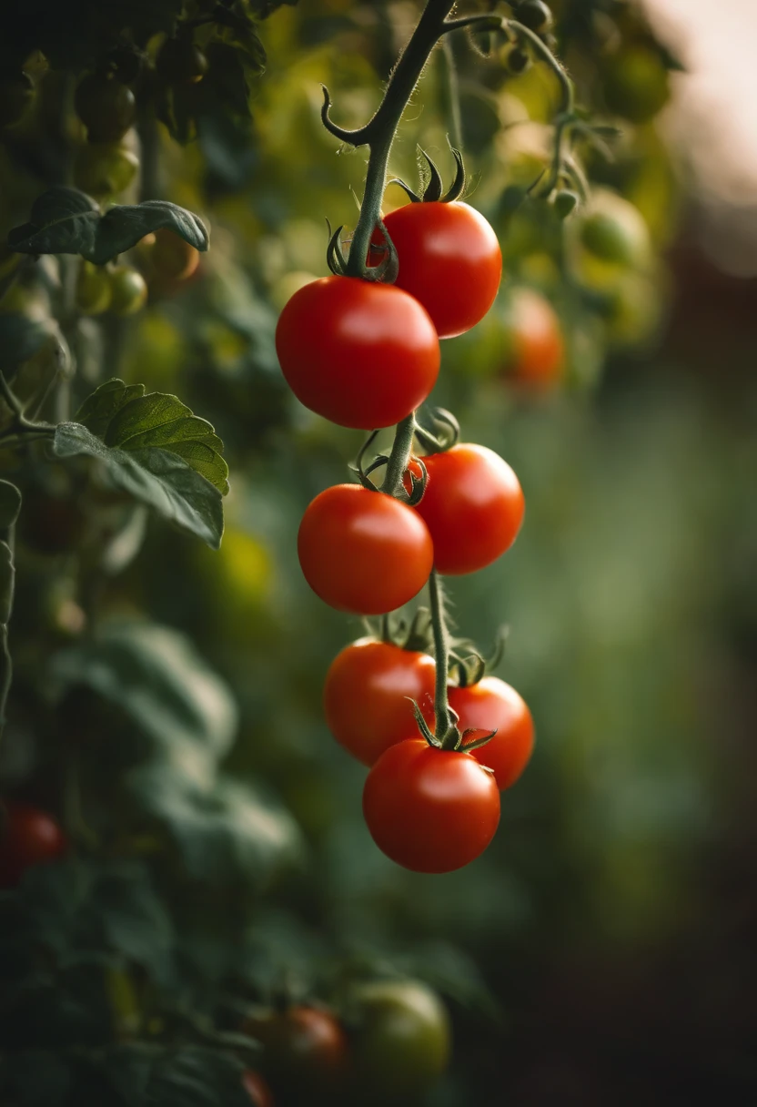 a high-resolution shot of a tomato plant in a garden, with vibrant red tomatoes hanging from the vines, evoking the beauty of nature’s harvest