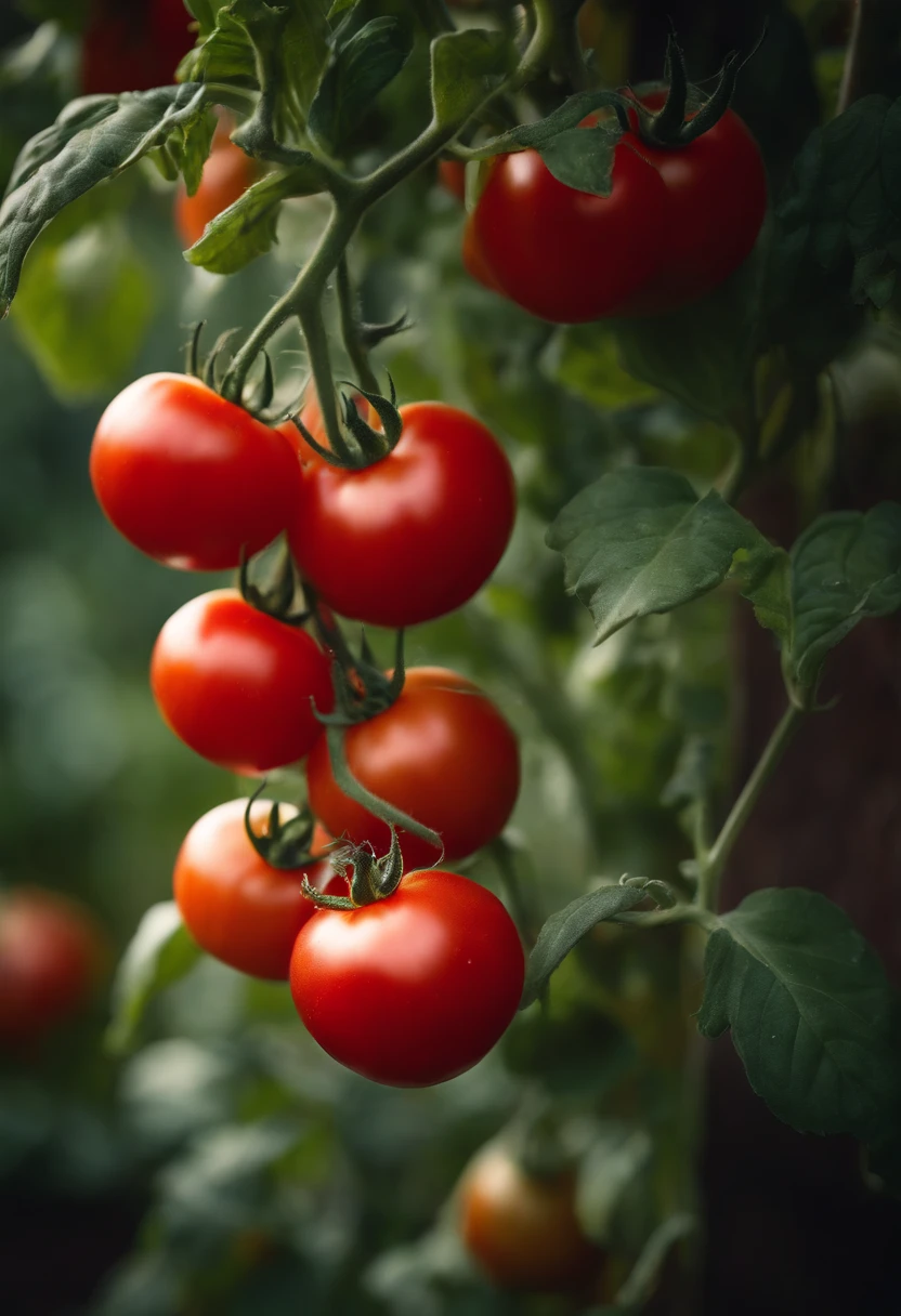 a high-resolution shot of a tomato plant in a garden, with vibrant red tomatoes hanging from the vines, evoking the beauty of nature’s harvest