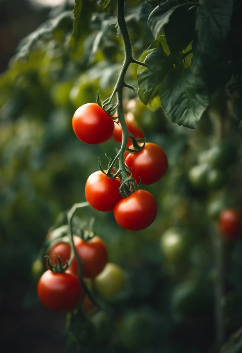 a high-resolution shot of a tomato plant in a garden, with vibrant red tomatoes hanging from the vines, evoking the beauty of nature’s harvest