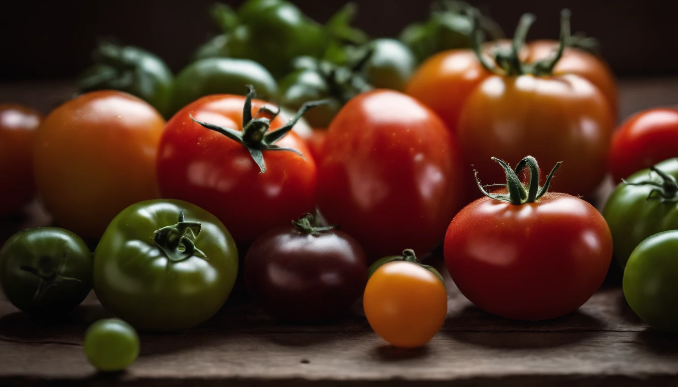 a top-down shot of a variety of tomatoes in different colors and sizes, arranged in an appealing and visually dynamic composition