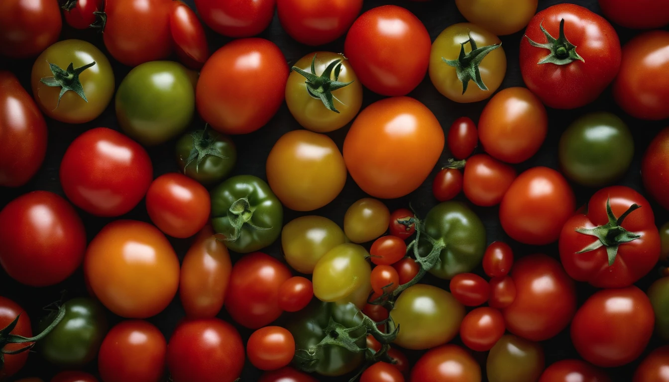a top-down shot of a variety of tomatoes in different colors and sizes, arranged in an appealing and visually dynamic composition