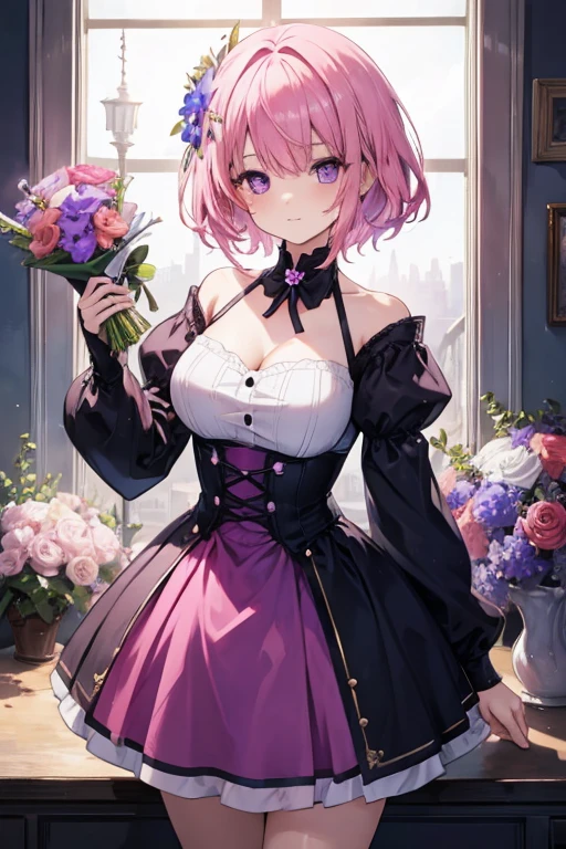 A  pink haired woman with violet eyes and an hourglass figure and short hair is presenting a bouquet of flowers.