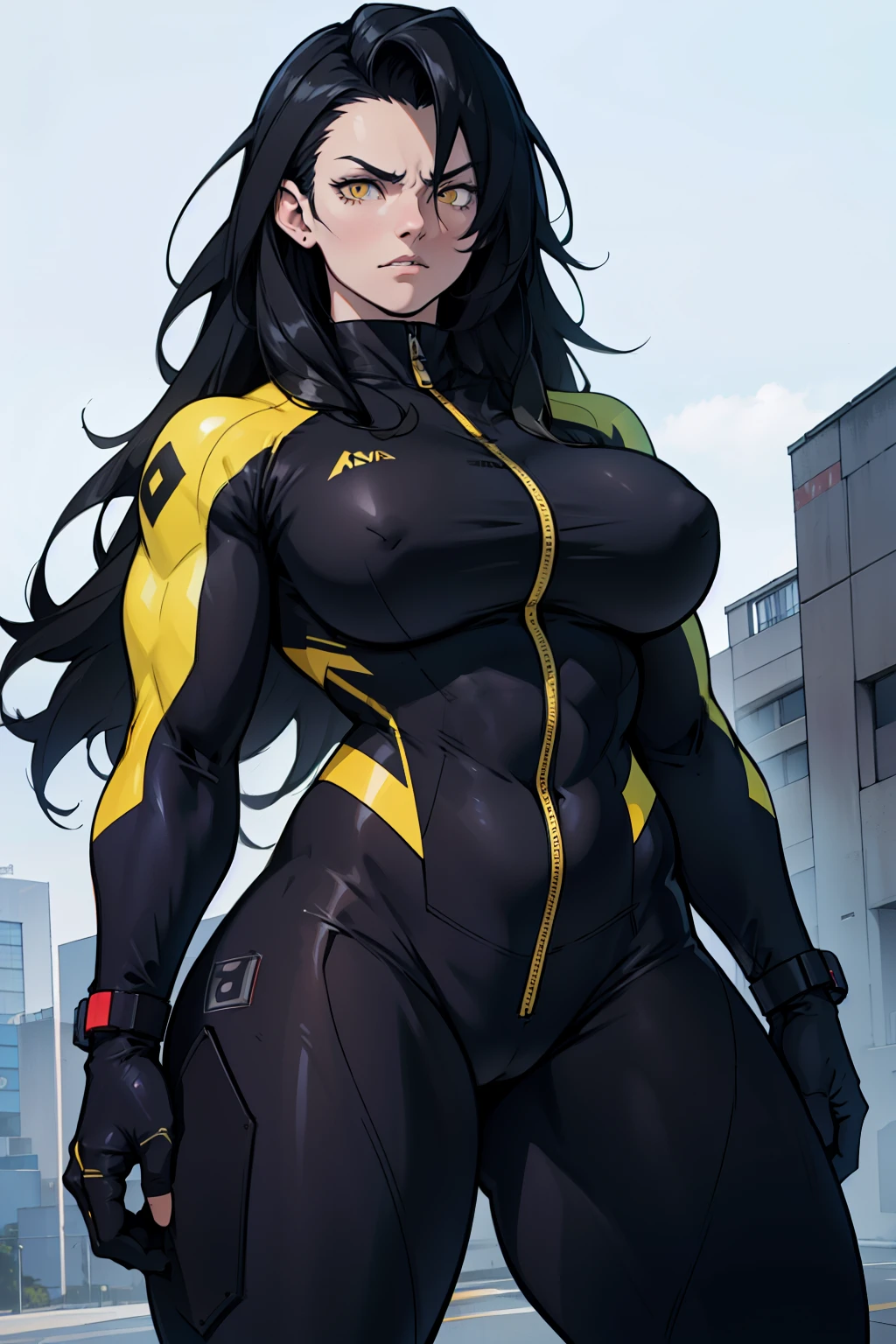 best quality best quality best quality black hair yellow eyes pale skin muscular huge greasts thick thighs angry solo extremely long hair girl body suit highly detailed highly detailed thick thick