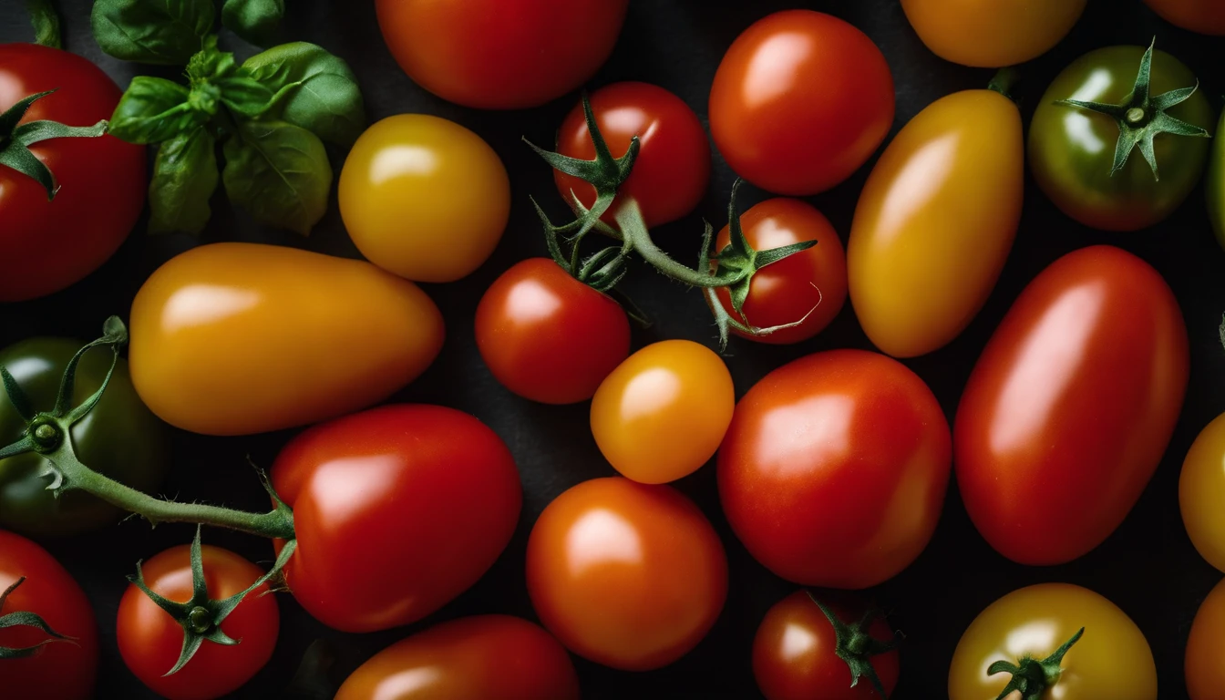 a top-down shot of a variety of tomatoes in different colors and sizes, arranged in an appealing and visually dynamic composition