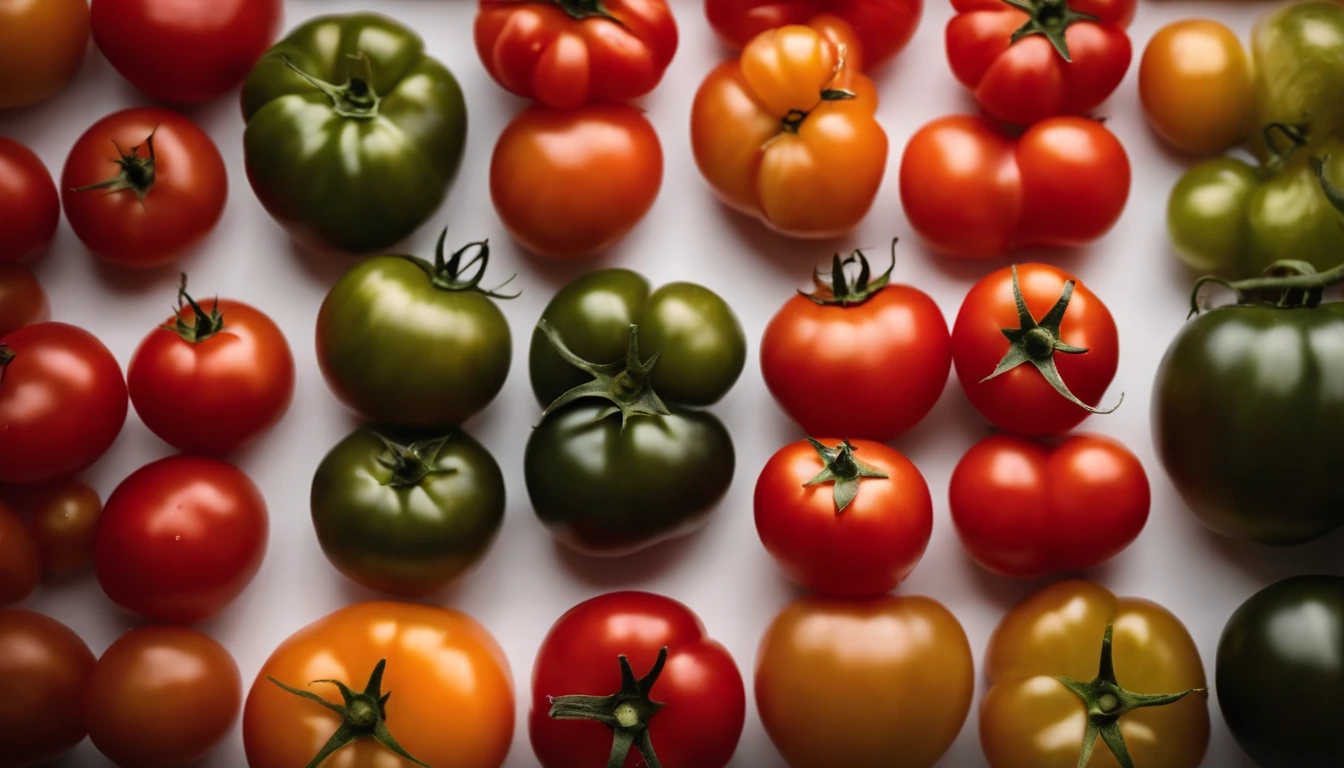 a top-down shot of a variety of tomatoes in different colors and sizes, arranged in an appealing and visually dynamic composition