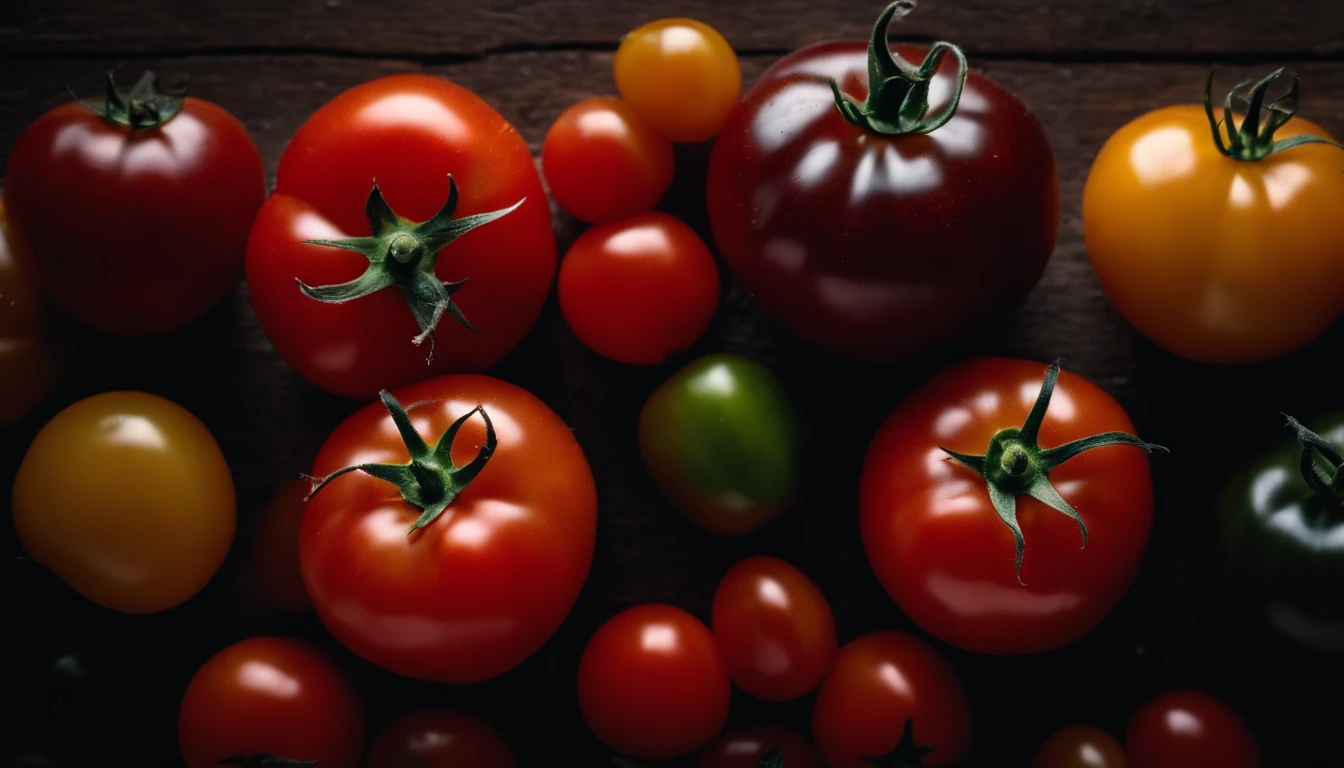 a top-down shot of a variety of tomatoes in different colors and sizes, arranged in an appealing and visually dynamic composition