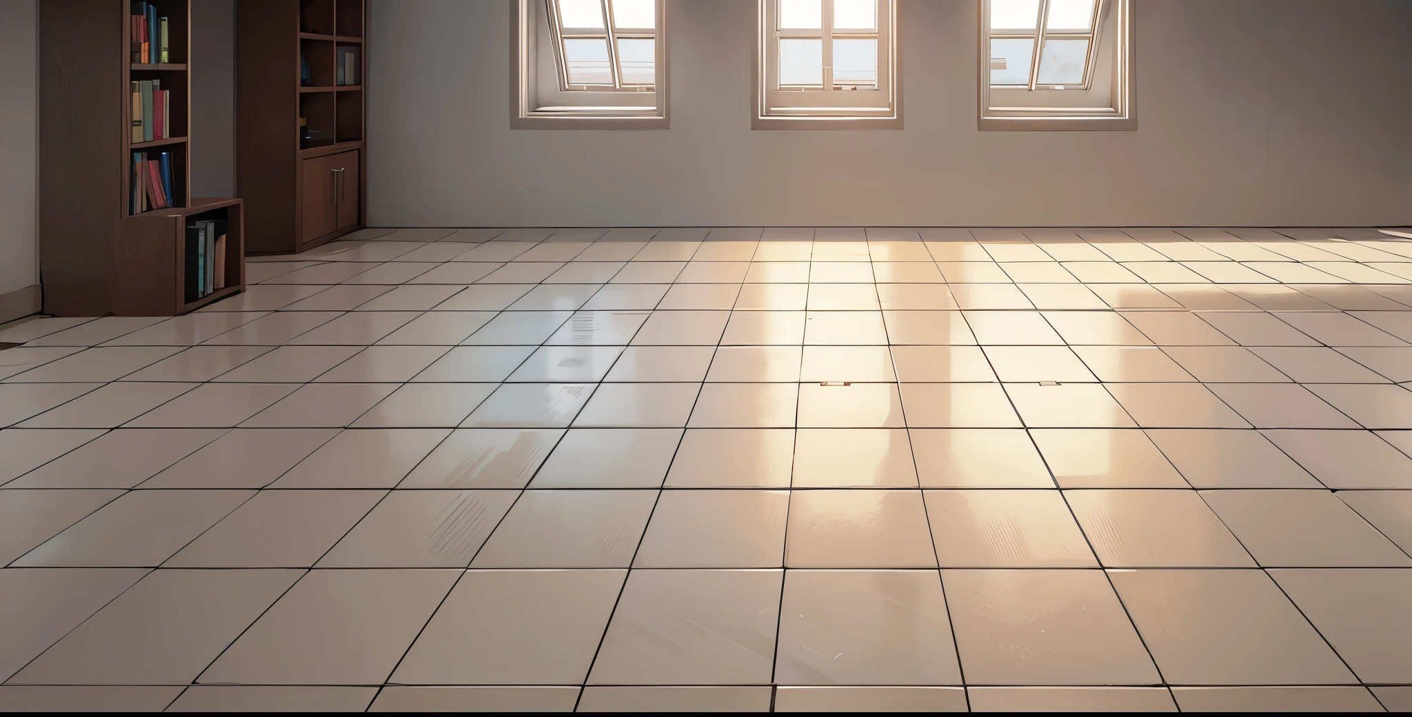 (super large empty room):2, (gray room), empty room):2, tile floor, super big black framed window, opened window, super big bookshelf in the corner,