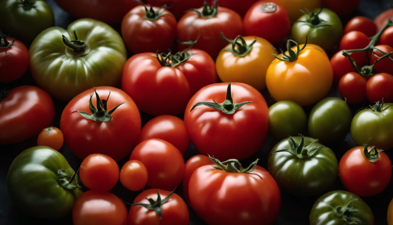 a top-down shot of a variety of tomatoes in different colors and sizes, arranged in an appealing and visually dynamic composition