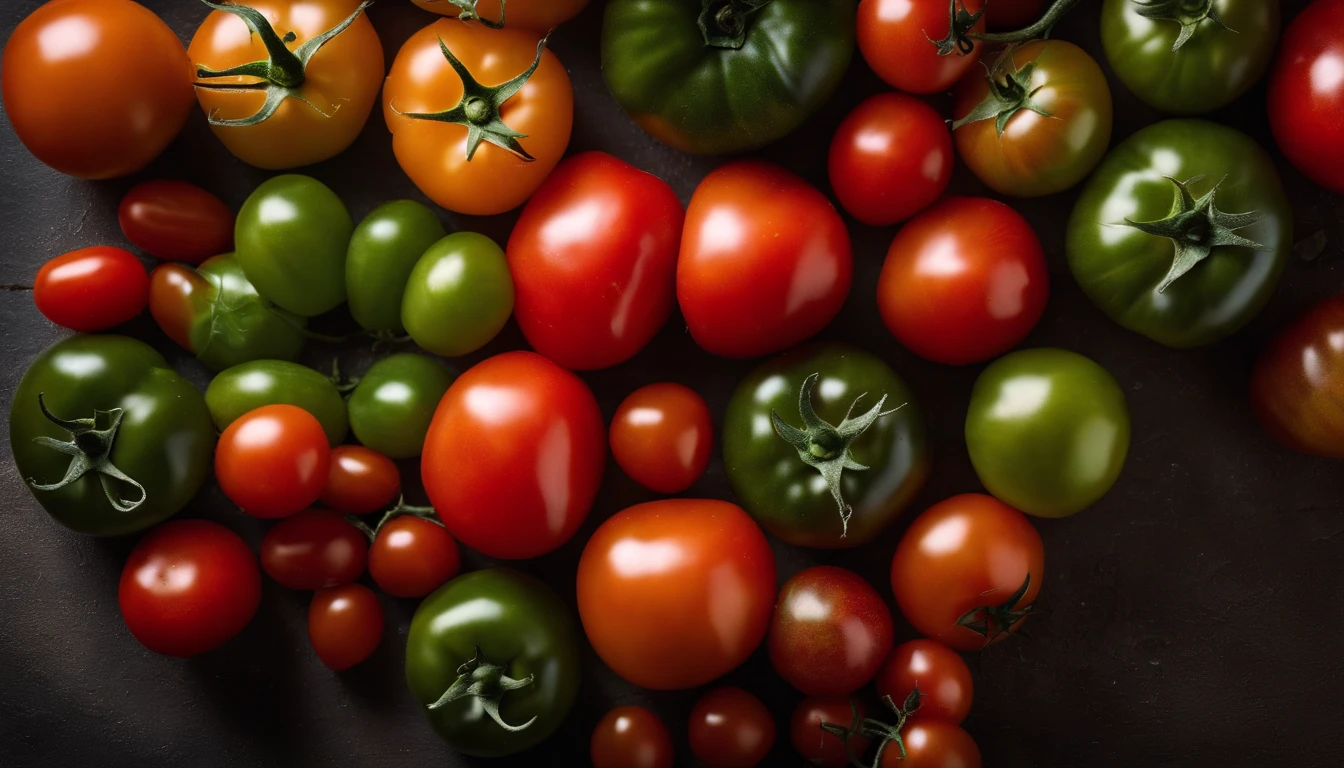 a top-down shot of a variety of tomatoes in different colors and sizes, arranged in an appealing and visually dynamic composition