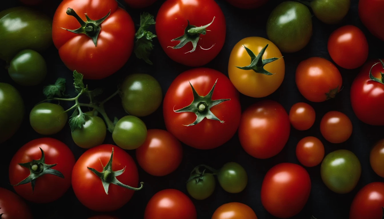 a top-down shot of a variety of tomatoes in different colors and sizes, arranged in an appealing and visually dynamic composition