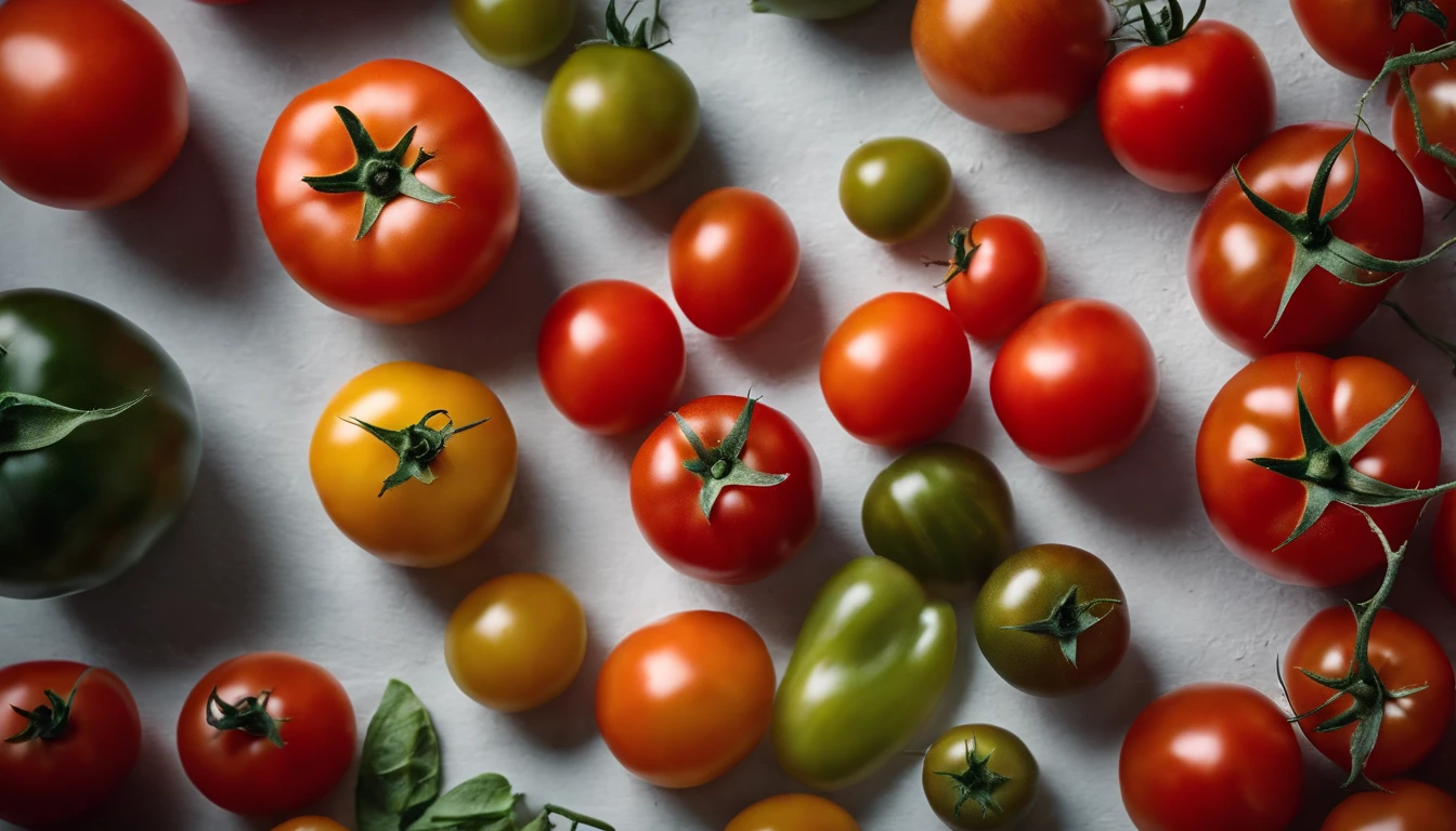 a top-down shot of a variety of tomatoes in different colors and sizes, arranged in an appealing and visually dynamic composition