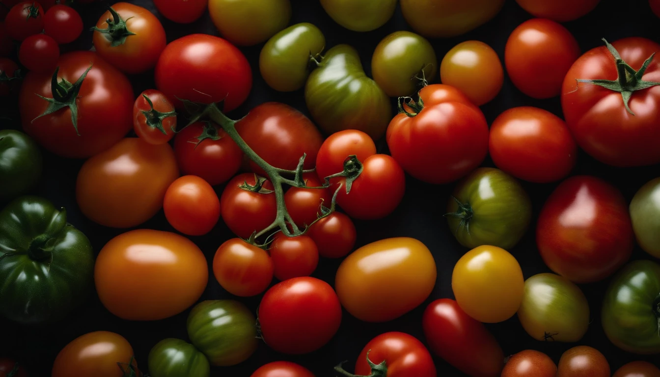 a top-down shot of a variety of tomatoes in different colors and sizes, arranged in an appealing and visually dynamic composition
