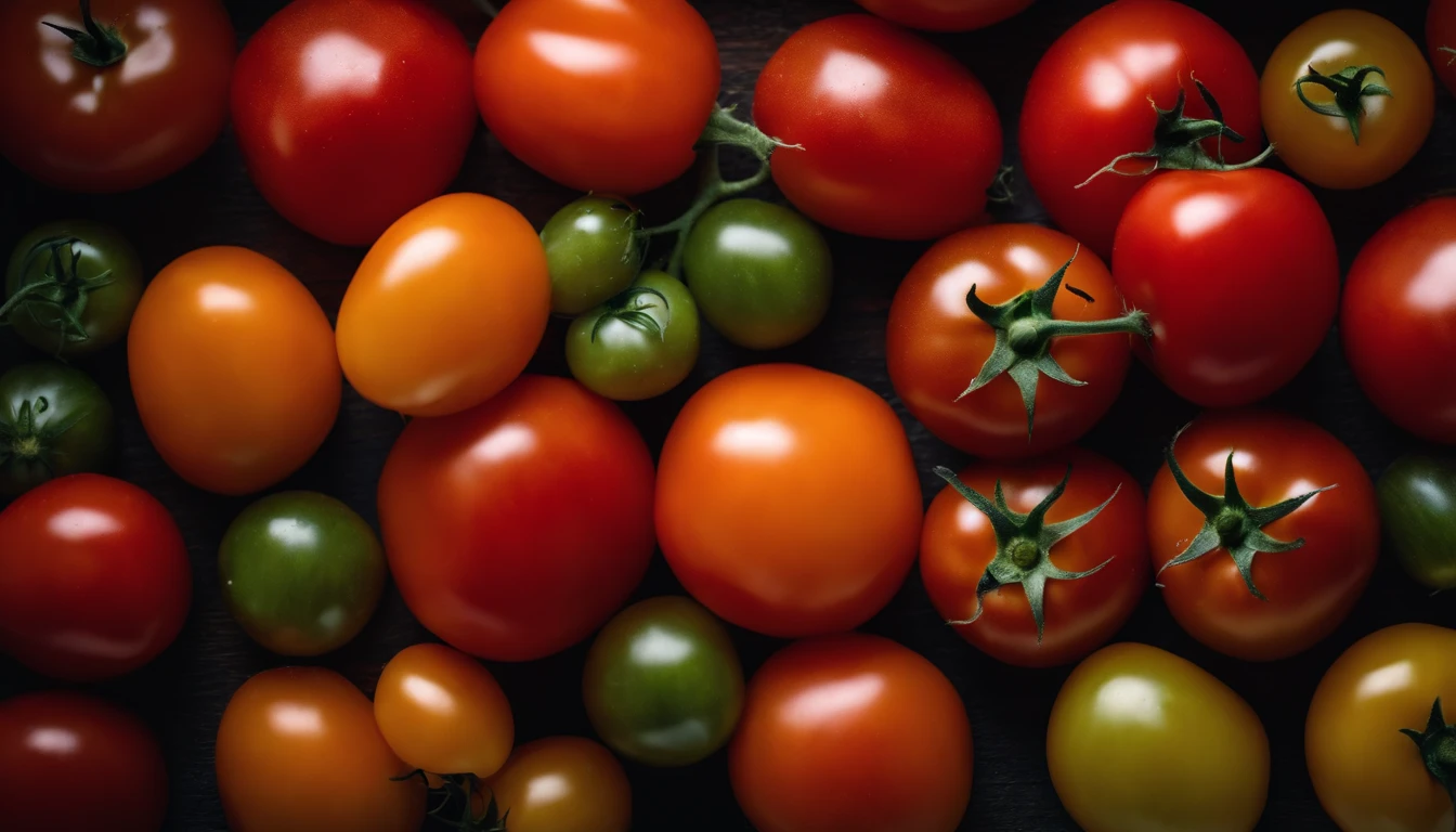 a top-down shot of a variety of tomatoes in different colors and sizes, arranged in an appealing and visually dynamic composition