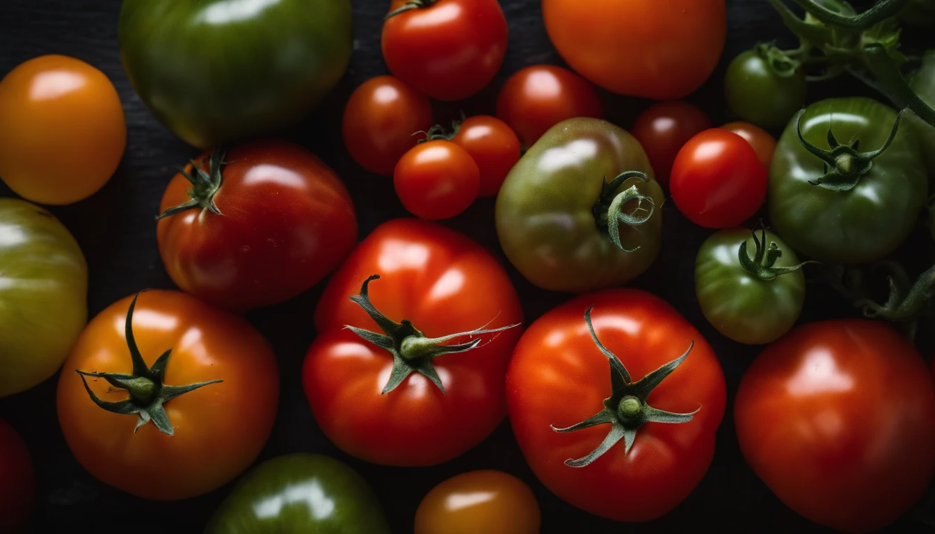 a top-down shot of a variety of tomatoes in different colors and sizes, arranged in an appealing and visually dynamic composition