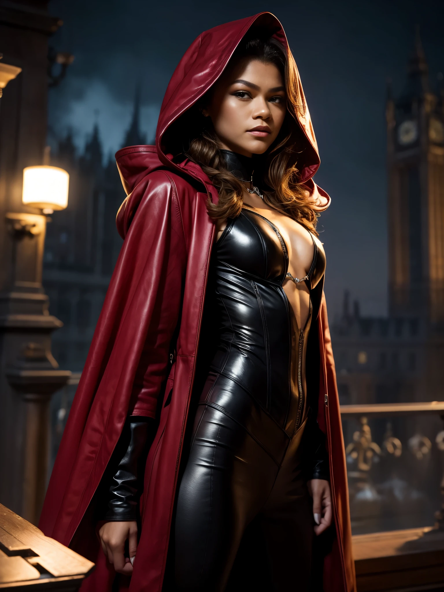 Zendaya with a mysterious light that illuminates the dark night. She wears a red leather suit and a long red hooded coat, and is the strongest magician who harbors and unleashes the power of black, detailed eyes