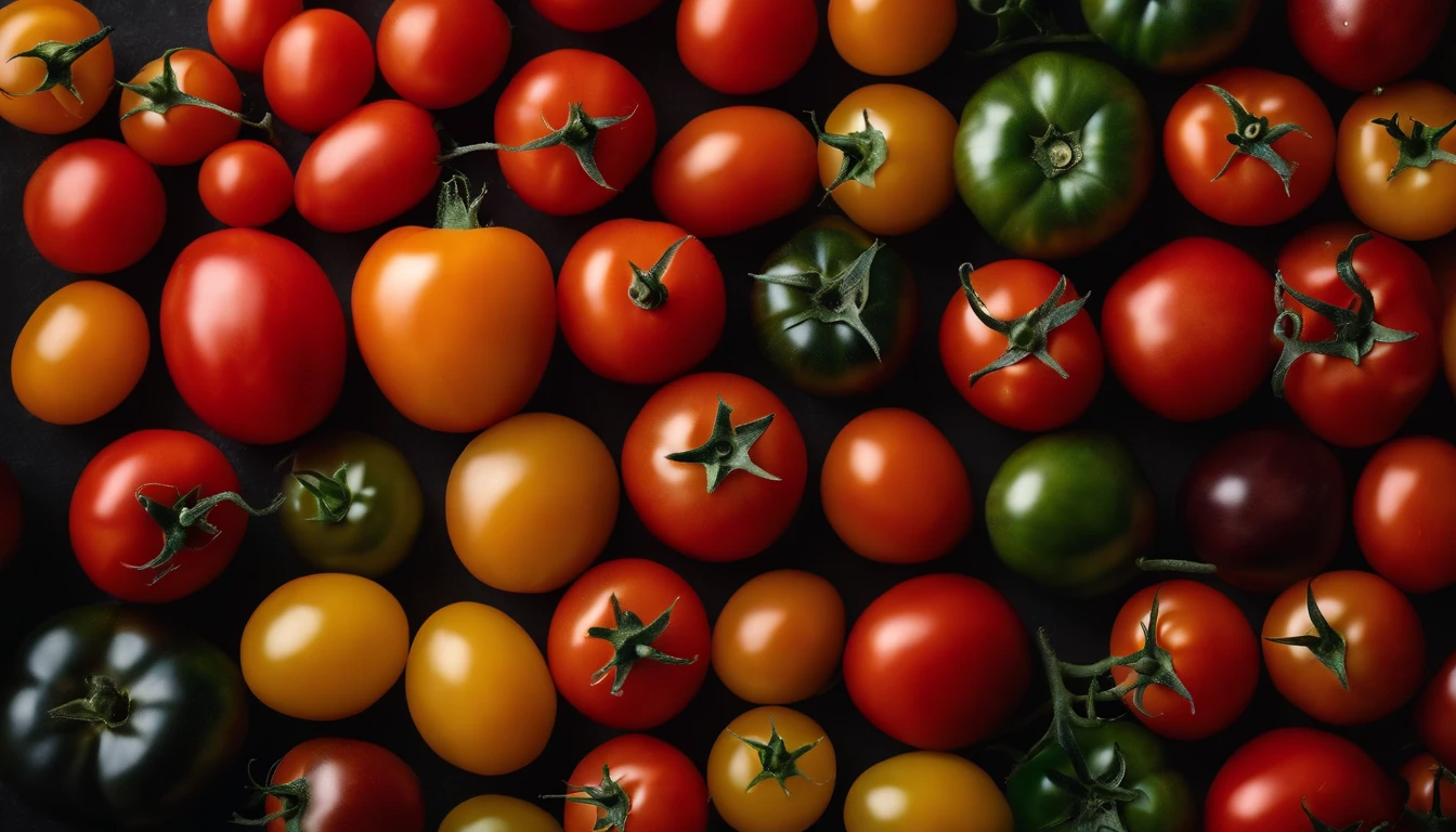 a top-down shot of a variety of tomatoes in different colors and sizes, arranged in an appealing and visually dynamic composition