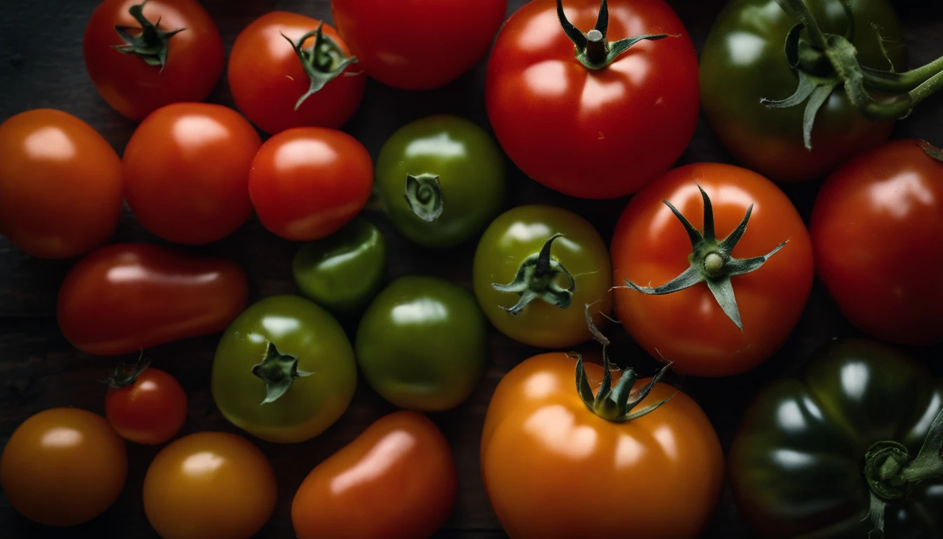 a top-down shot of a variety of tomatoes in different colors and sizes, arranged in an appealing and visually dynamic composition