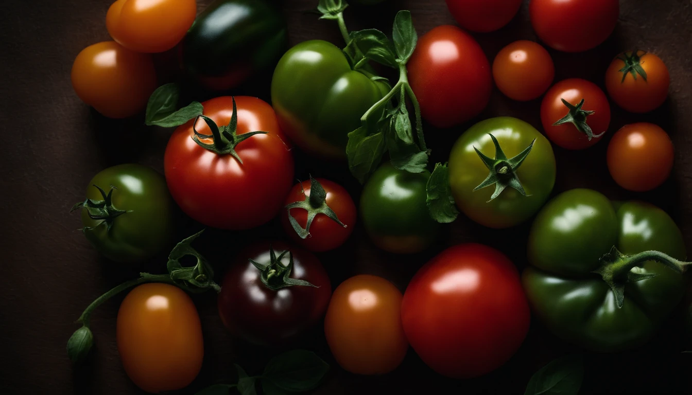 a top-down shot of a variety of tomatoes in different colors and sizes, arranged in an appealing and visually dynamic composition
