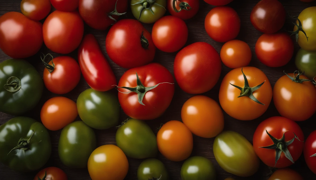a top-down shot of a variety of tomatoes in different colors and sizes, arranged in an appealing and visually dynamic composition