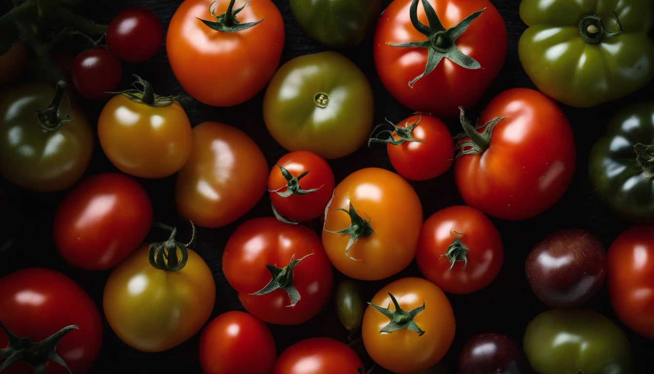 a top-down shot of a variety of tomatoes in different colors and sizes, arranged in an appealing and visually dynamic composition